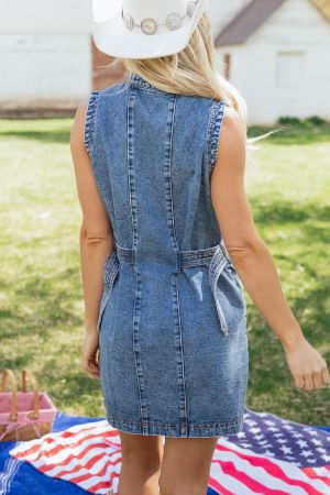 Women's Sleeveless Denim Dress with Buttons and Western Style