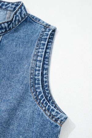 Women's Sleeveless Denim Dress with Buttons and Western Style