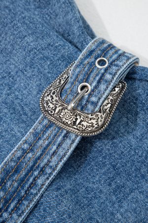 Women's Sleeveless Denim Dress with Buttons and Western Style