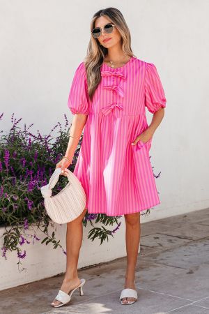 Women's Pink Striped Dress with Decorative Bows and Relaxed Fit