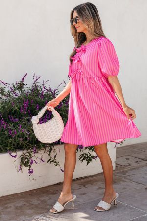 Women's Pink Striped Dress with Decorative Bows and Relaxed Fit