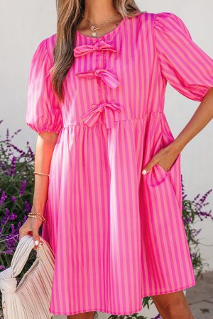 Women's Pink Striped Dress with Decorative Bows and Relaxed Fit
