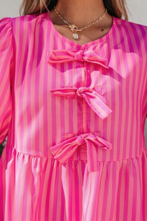 Women's Pink Striped Dress with Decorative Bows and Relaxed Fit
