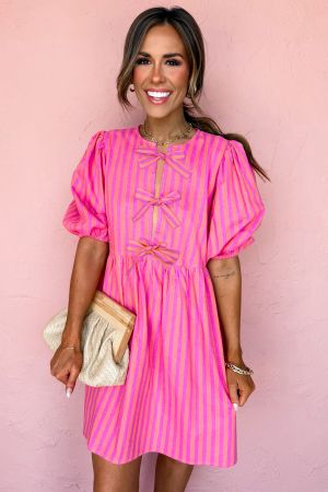 Women's Pink Striped Dress with Decorative Bows and Relaxed Fit