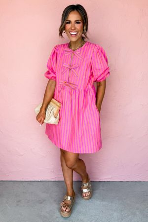 Women's Pink Striped Dress with Decorative Bows and Relaxed Fit