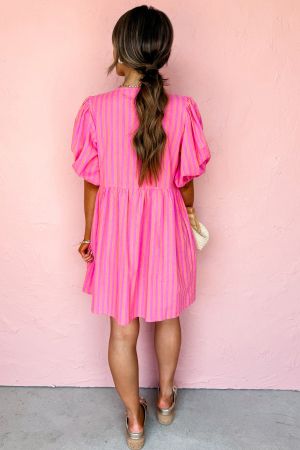 Women's Pink Striped Dress with Decorative Bows and Relaxed Fit