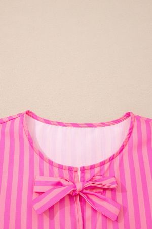 Women's Pink Striped Dress with Decorative Bows and Relaxed Fit