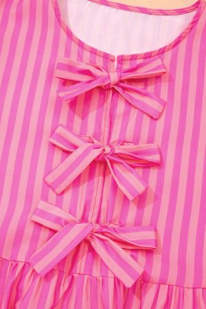 Women's Pink Striped Dress with Decorative Bows and Relaxed Fit