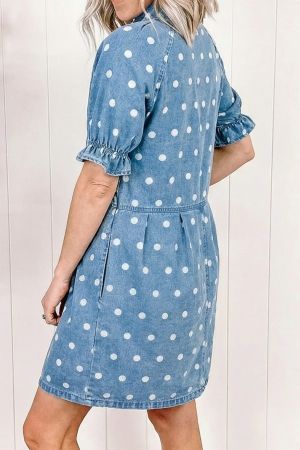 Women's Blue Denim Polka Dot Dress with Buttons and Pockets