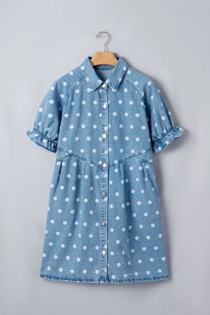 Women's Blue Denim Polka Dot Dress with Buttons and Pockets