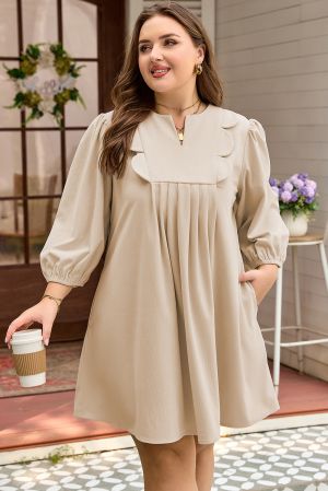 Women's Beige Loose Fit Dress with Pockets and Decorative Details
