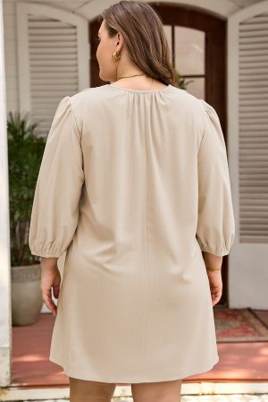 Women's Beige Loose Fit Dress with Pockets and Decorative Details