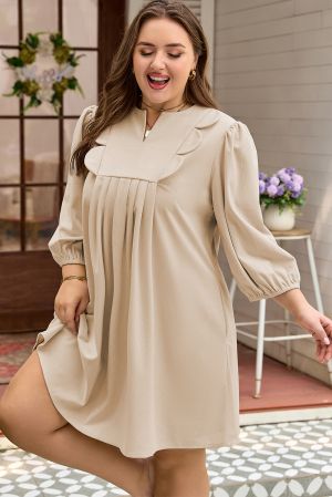 Women's Beige Loose Fit Dress with Pockets and Decorative Details