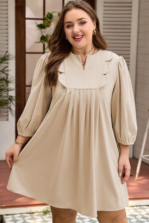 Women's Beige Loose Fit Dress with Pockets and Decorative Details