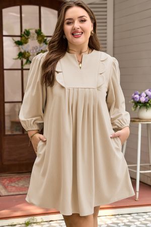Women's Beige Loose Fit Dress with Pockets and Decorative Details