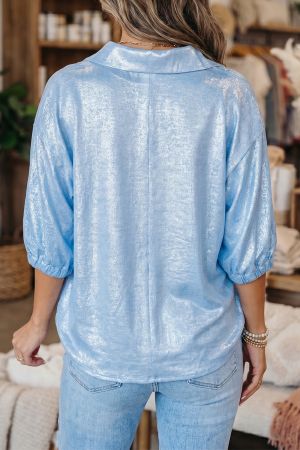 Women's Light Blue Shimmer Blouse with V-Neck