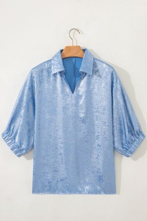 Women's Light Blue Shimmer Blouse with V-Neck