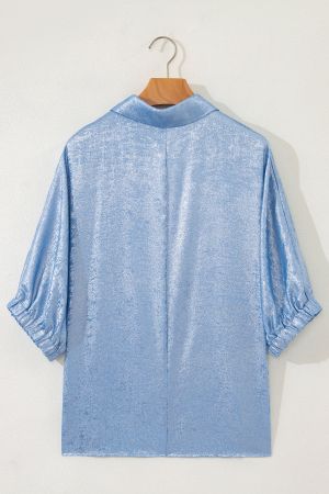 Women's Light Blue Shimmer Blouse with V-Neck