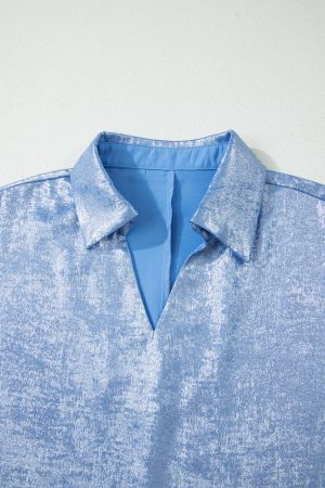 Women's Light Blue Shimmer Blouse with V-Neck