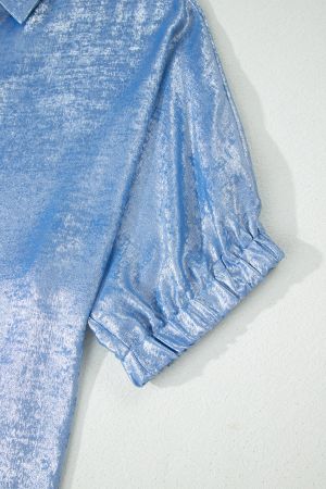 Women's Light Blue Shimmer Blouse with V-Neck