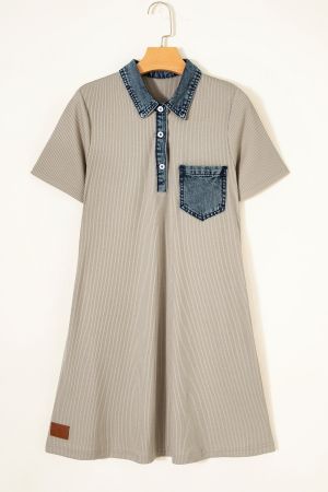 Women's Beige Ribbed Dress with Denim Details