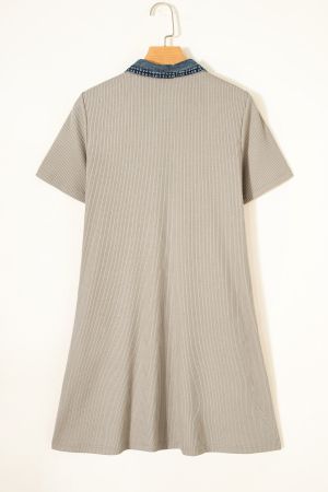 Women's Beige Ribbed Dress with Denim Details