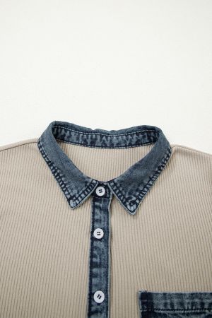 Women's Beige Ribbed Dress with Denim Details