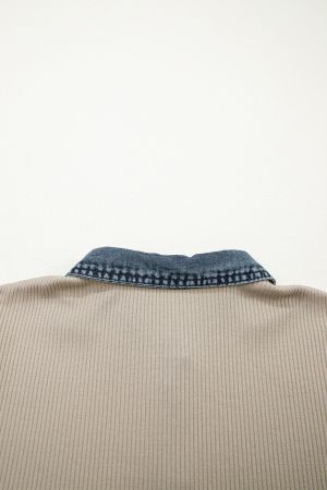 Women's Beige Ribbed Dress with Denim Details