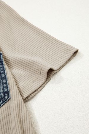 Women's Beige Ribbed Dress with Denim Details
