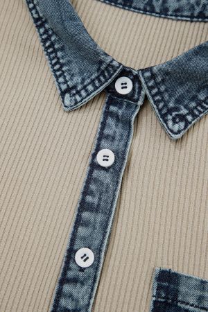 Women's Beige Ribbed Dress with Denim Details