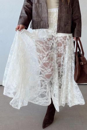 Women's White Long Lace Skirt with Floral Pattern