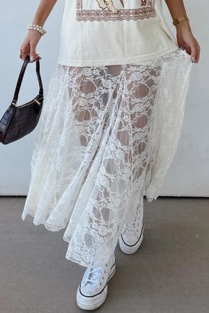 Women's White Long Lace Skirt with Floral Pattern
