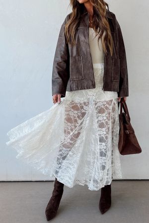 Women's White Long Lace Skirt with Floral Pattern