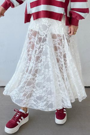 Women's White Long Lace Skirt with Floral Pattern