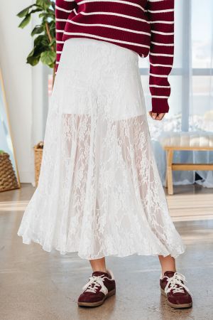 Women's White Long Lace Skirt with Floral Pattern