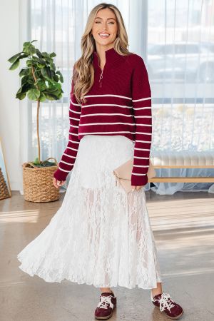 Women's White Long Lace Skirt with Floral Pattern
