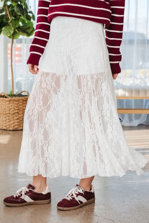 Women's White Long Lace Skirt with Floral Pattern