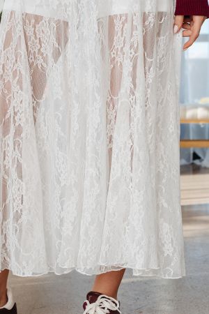 Women's White Long Lace Skirt with Floral Pattern