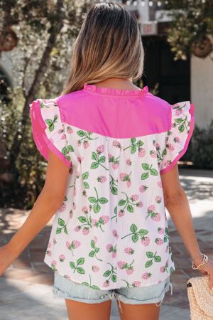 Women's Strawberry Print Blouse with Pink Accents