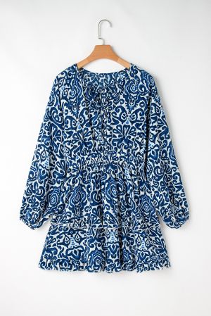 Women's Blue and White Print Dress with Relaxed Fit