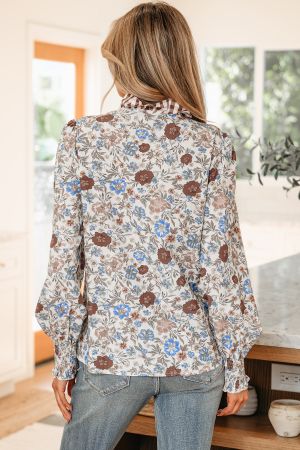 Women's Floral Blouse with Checkered Details and Long Sleeves