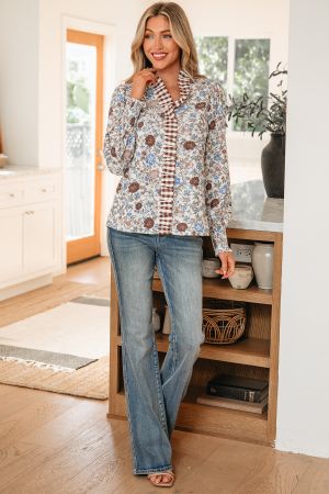 Women's Floral Blouse with Checkered Details and Long Sleeves