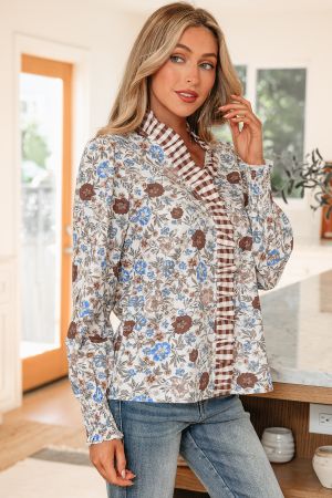 Women's Floral Blouse with Checkered Details and Long Sleeves
