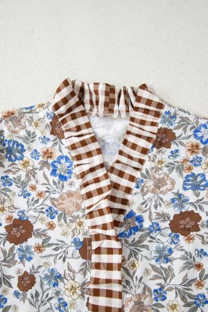 Women's Floral Blouse with Checkered Details and Long Sleeves