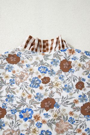 Women's Floral Blouse with Checkered Details and Long Sleeves