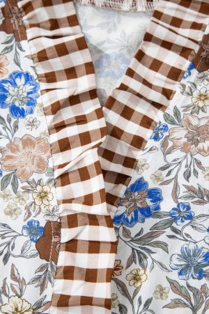 Women's Floral Blouse with Checkered Details and Long Sleeves