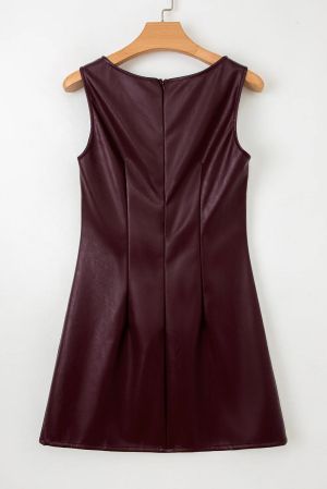 Women’s Burgundy Vegan Leather Sleeveless Mini Dress