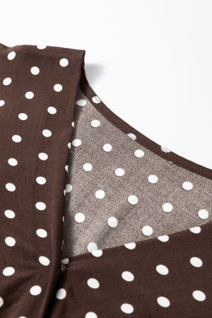 Women's Brown Polka Dot Wrap Dress with Long Sleeves