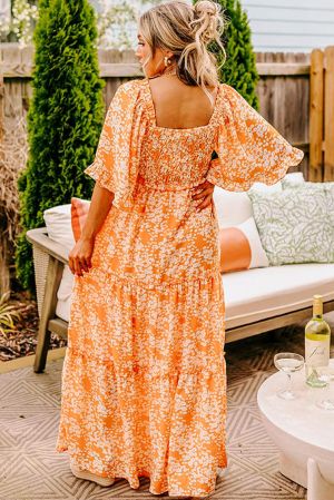 Women’s Orange Floral Print Maxi Dress with Smocked Bodice, V-Neck and Wide Sleeves