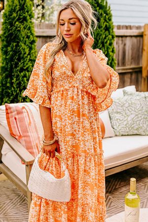 Women’s Orange Floral Print Maxi Dress with Smocked Bodice, V-Neck and Wide Sleeves